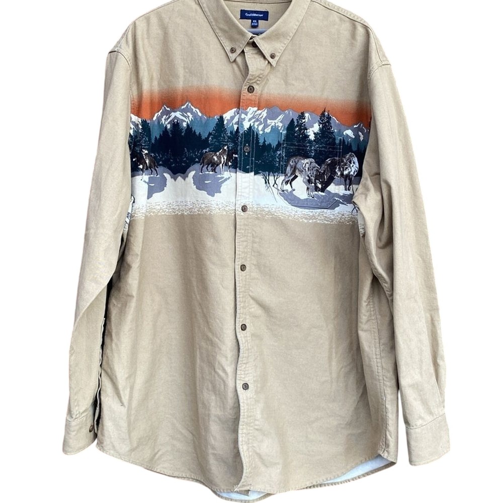 Croft & Barrow Men's Size XXL Long Sleeve Button Up Wolf Shirt Mountains Outdoor